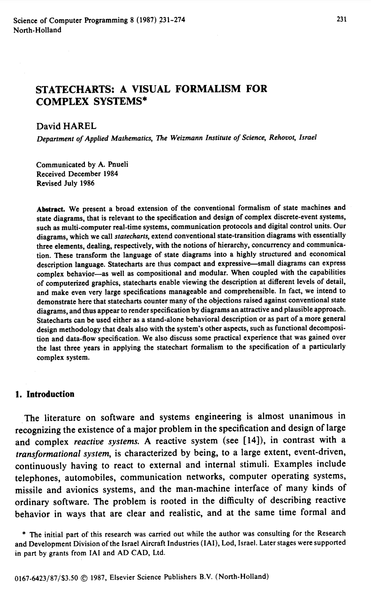 The first page of David Harel's statechart paper
